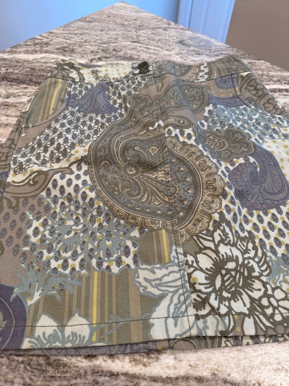 Printed Paisley A-Line Skirt in Taupe and Blue